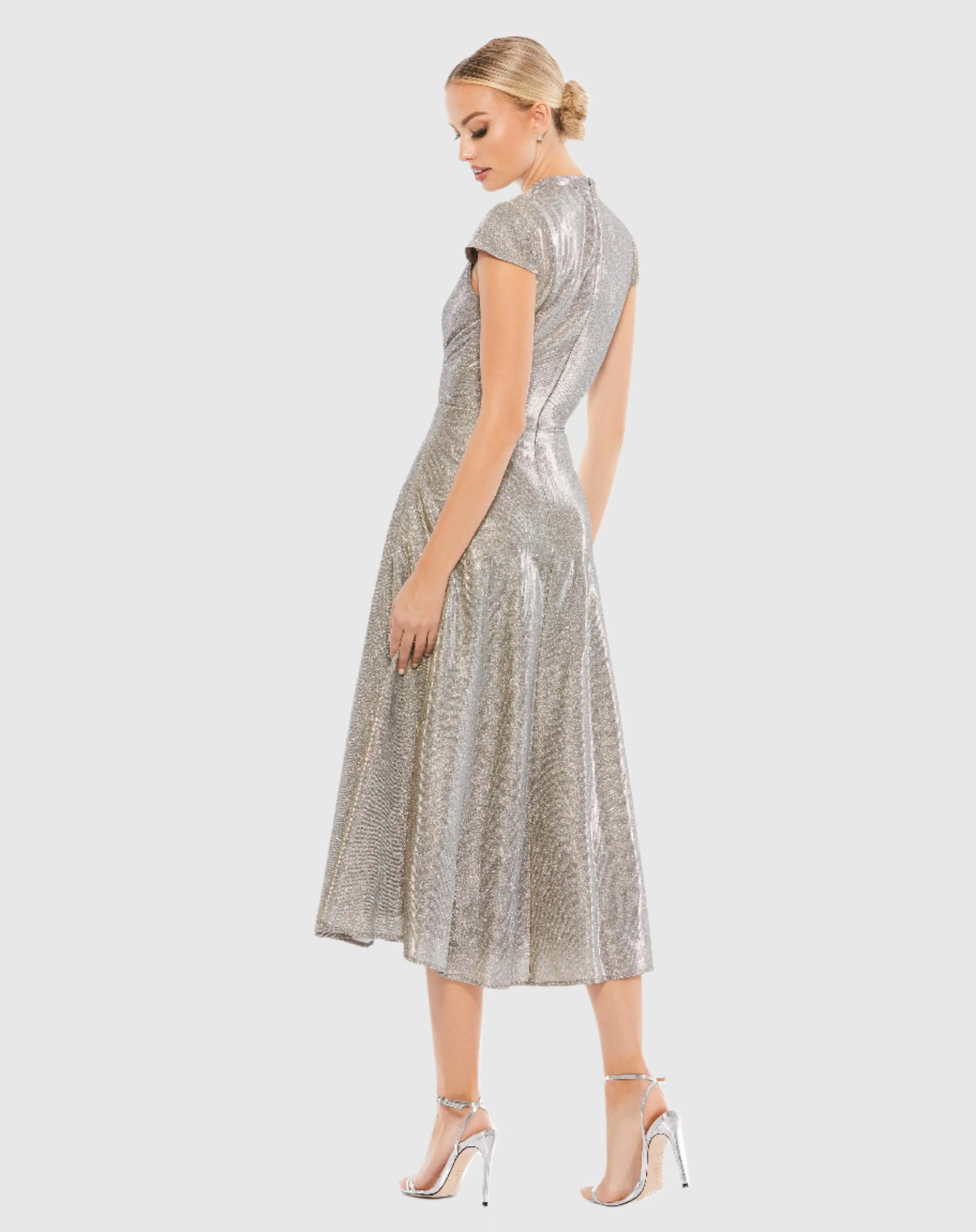 Silver Metallic Cap Sleeve Tea-Length Dress - Image 3