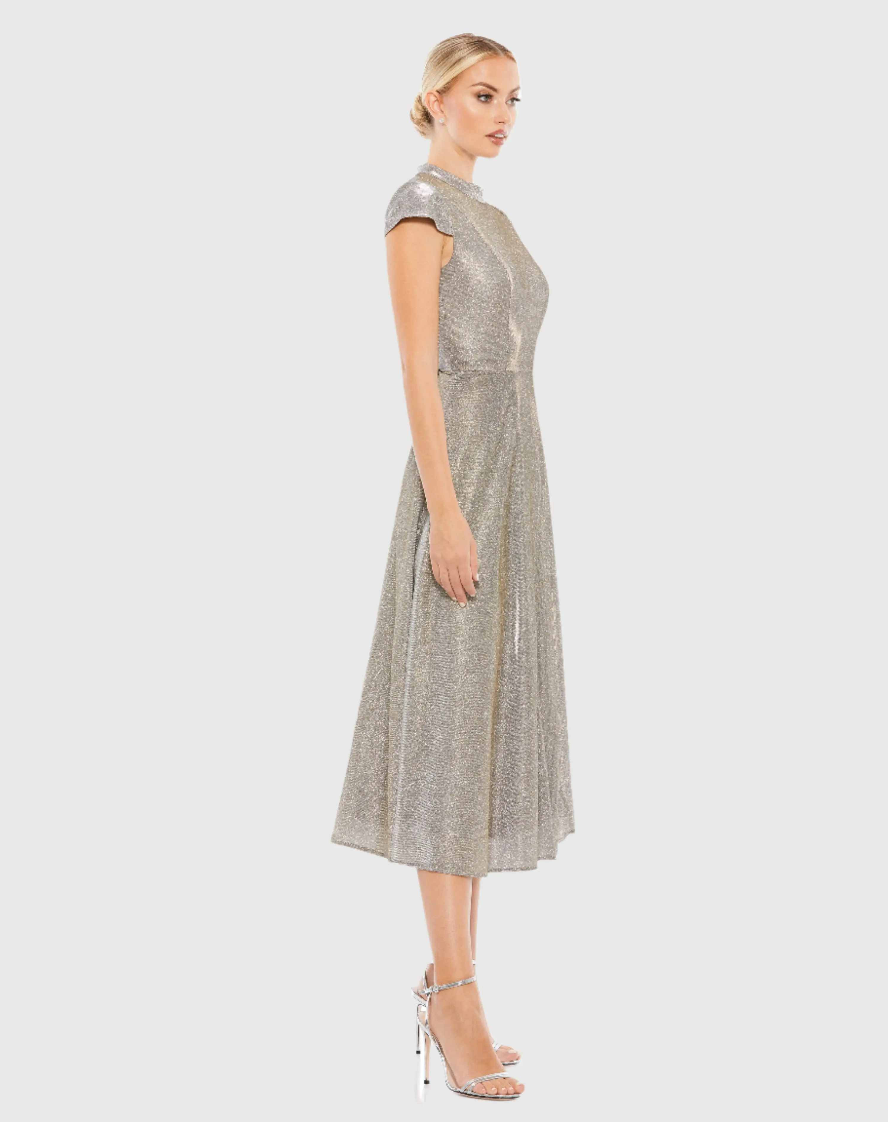 Silver Metallic Cap Sleeve Tea-Length Dress - Image 4