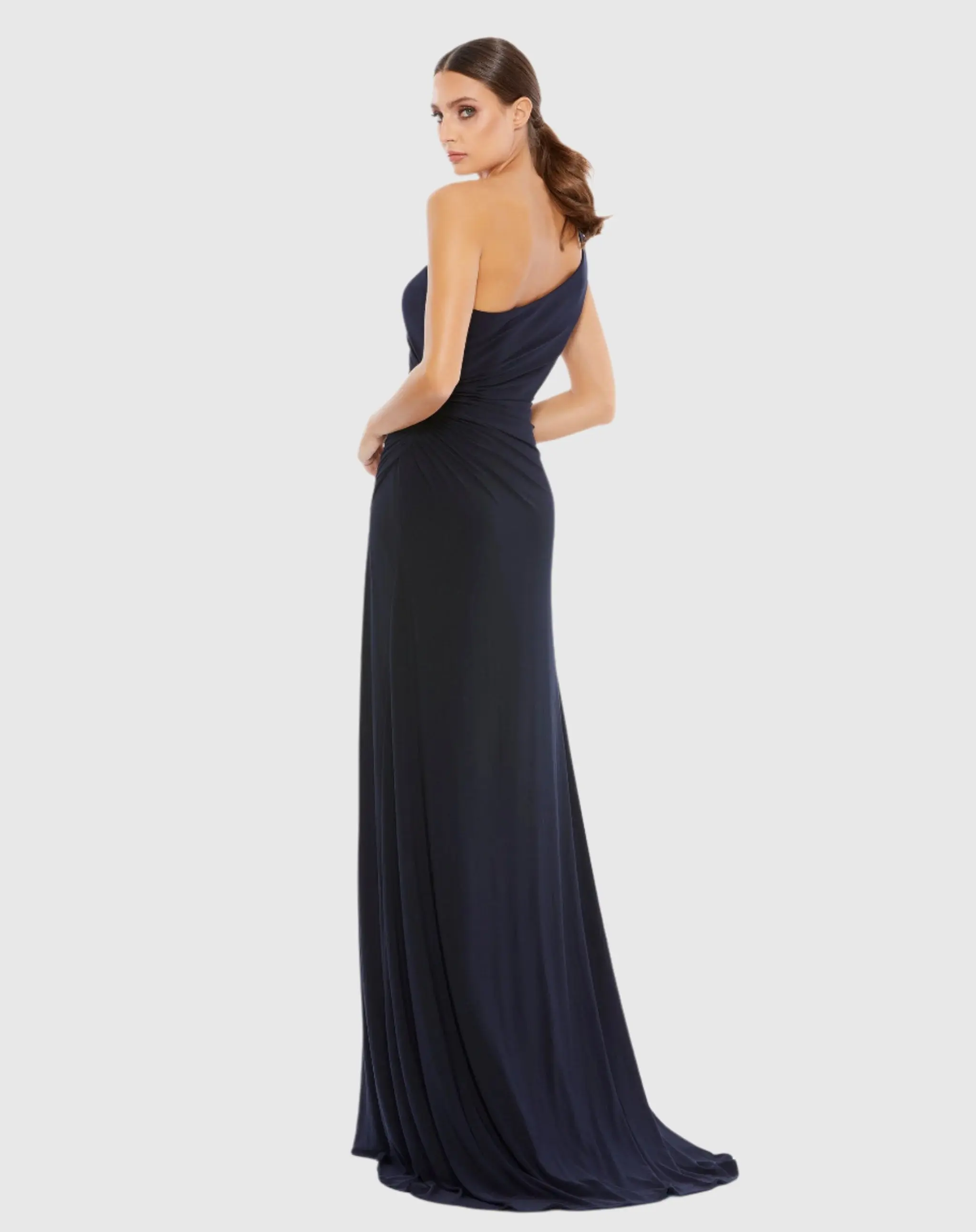 Navy One Shoulder Ruched Jersey Evening Gown - Image 3