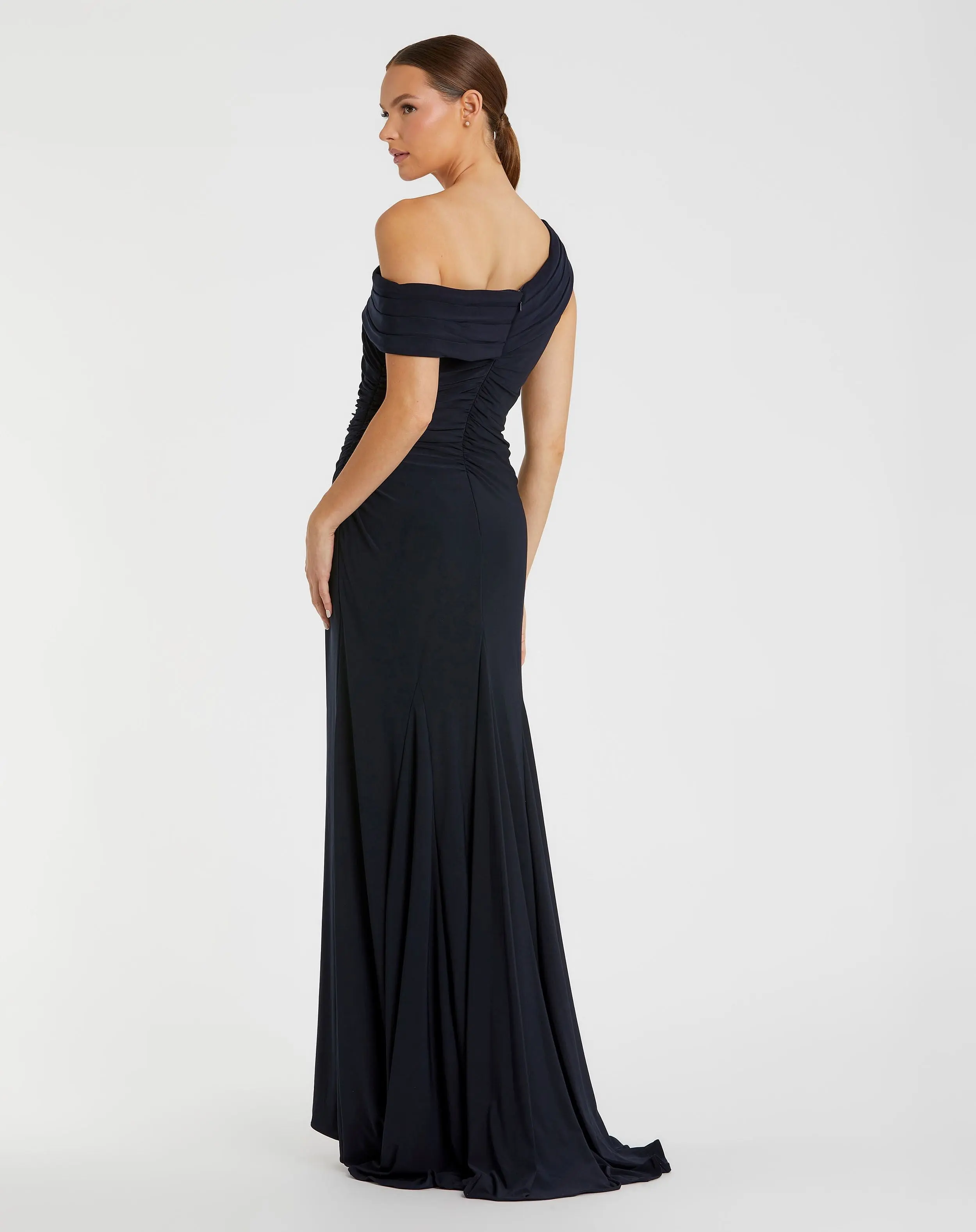 Navy Foldover Off-the-Shoulder Slit Gown - Image 3