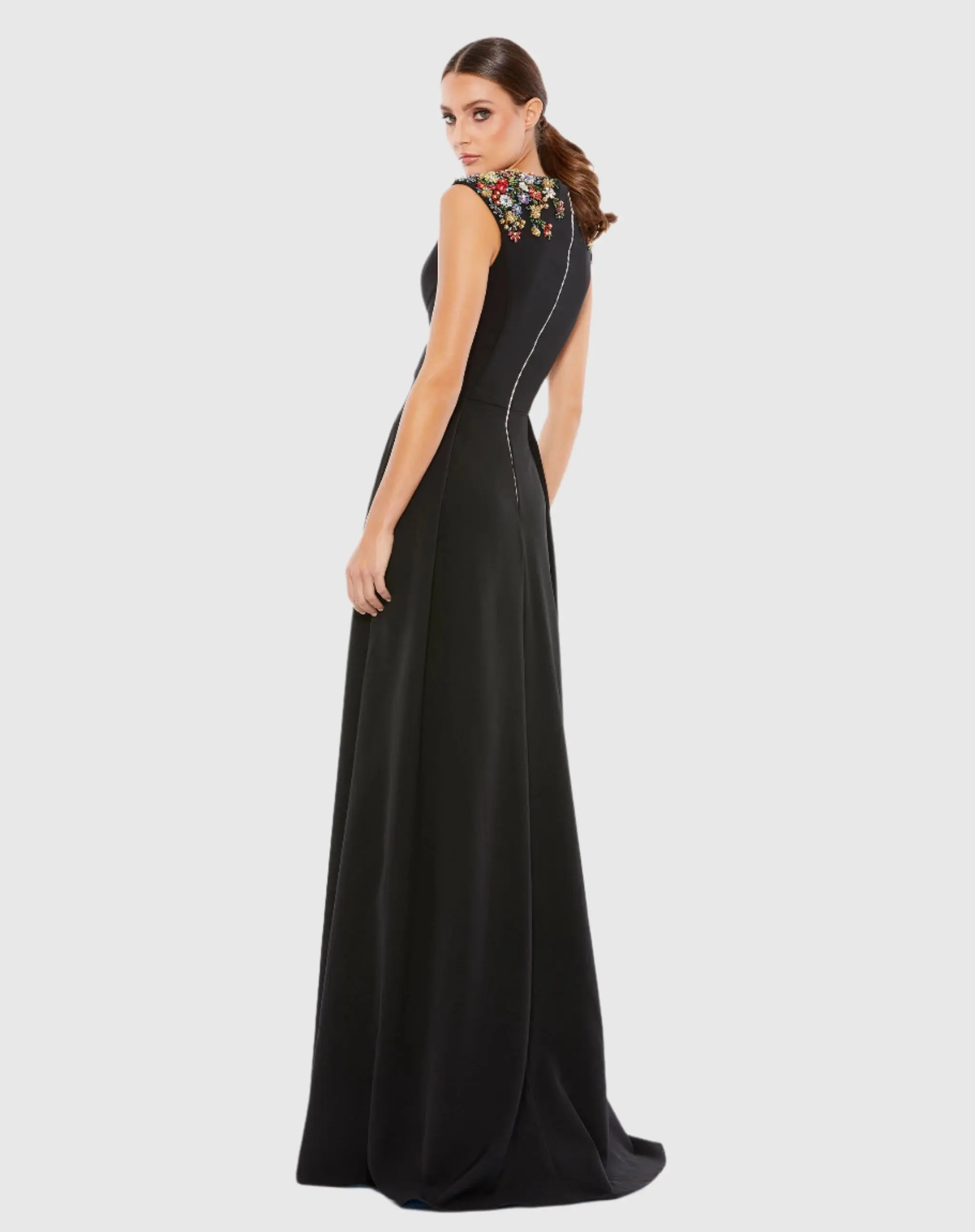 Black Beaded Cap Sleeve V Neck A Line Gown - Image 3