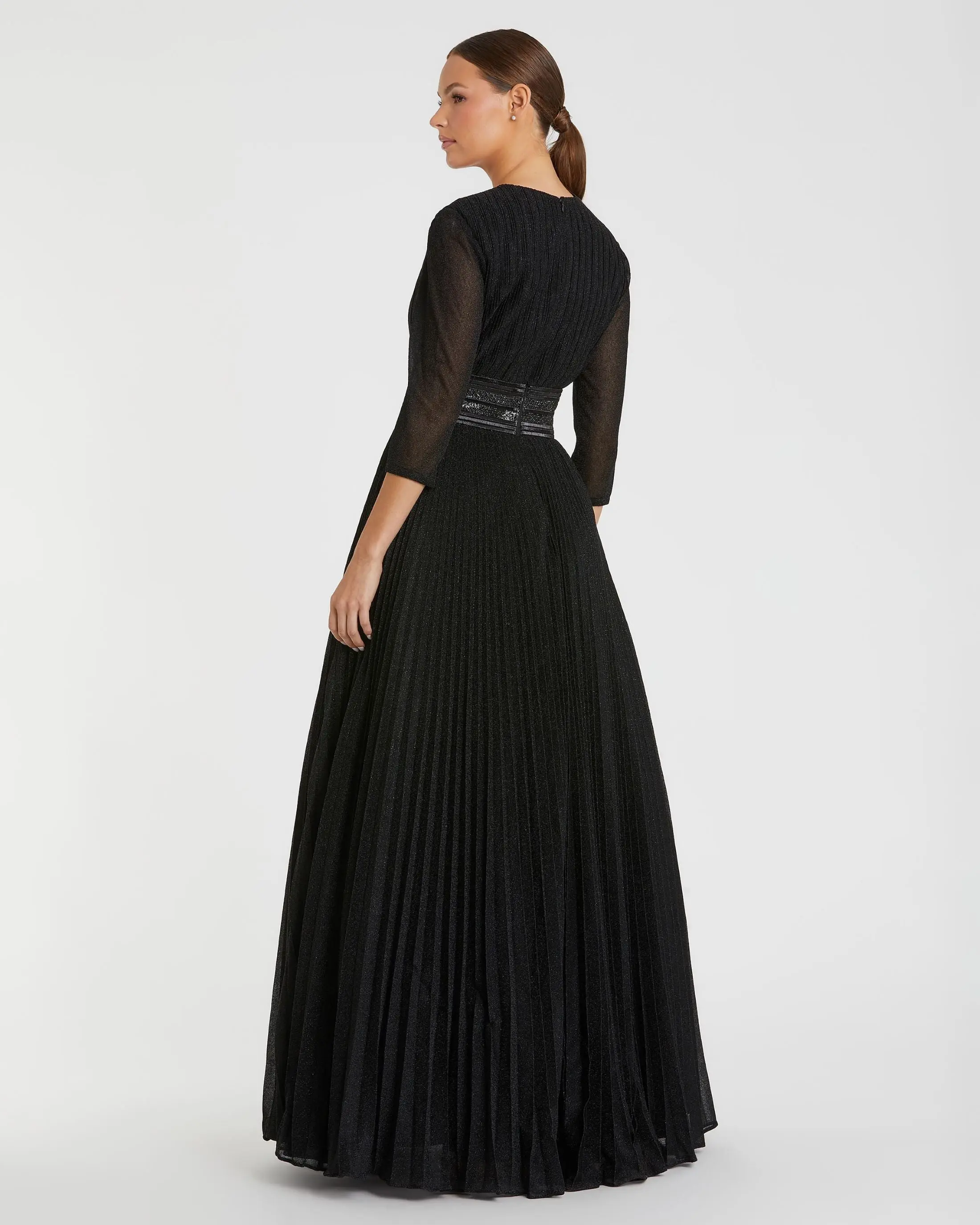 Black Shimmering Pleated  3/4 Sleeve Ball Gown - Image 3