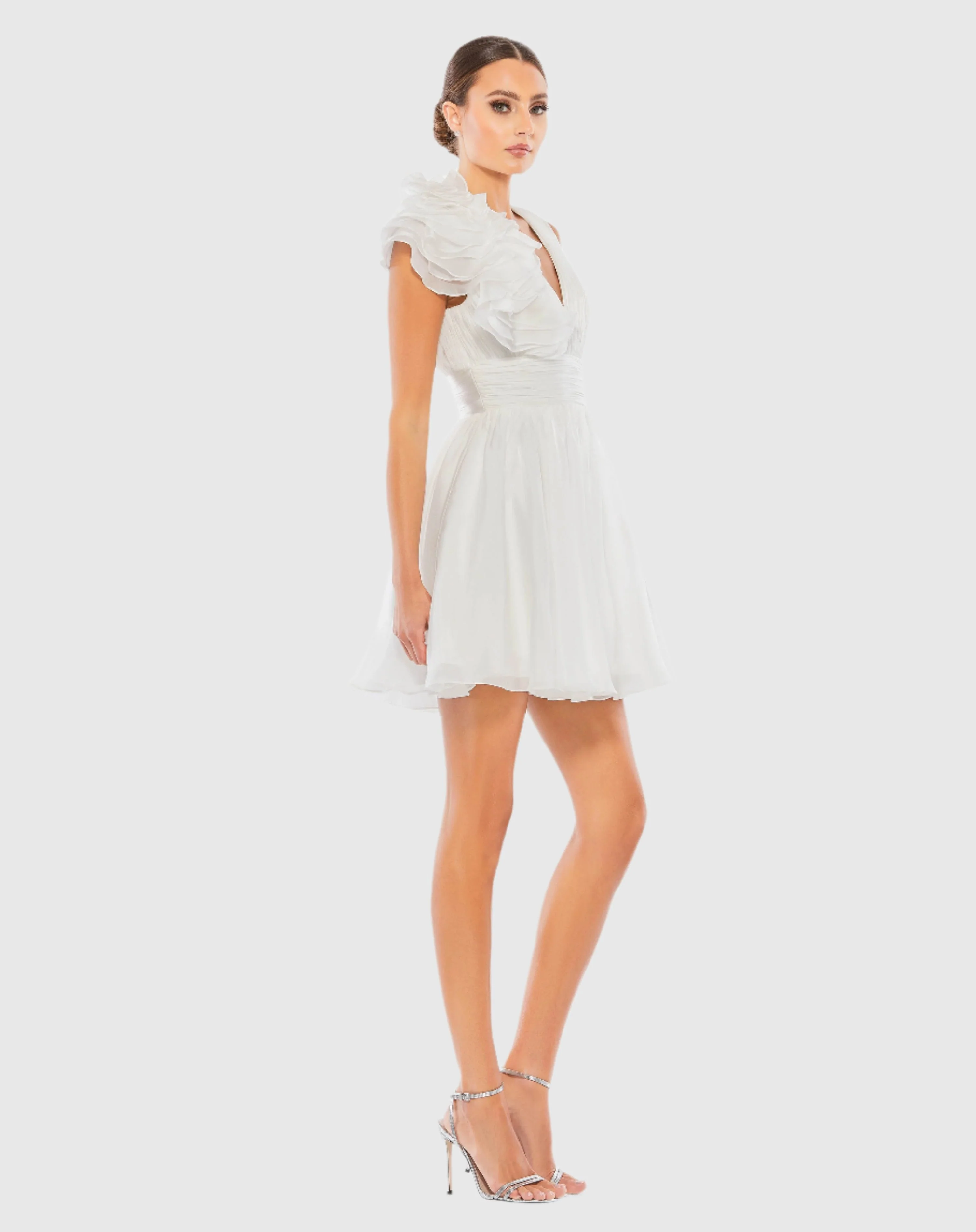 White Ruffle V Neck Fit & Flare Mini Dress - Image 4