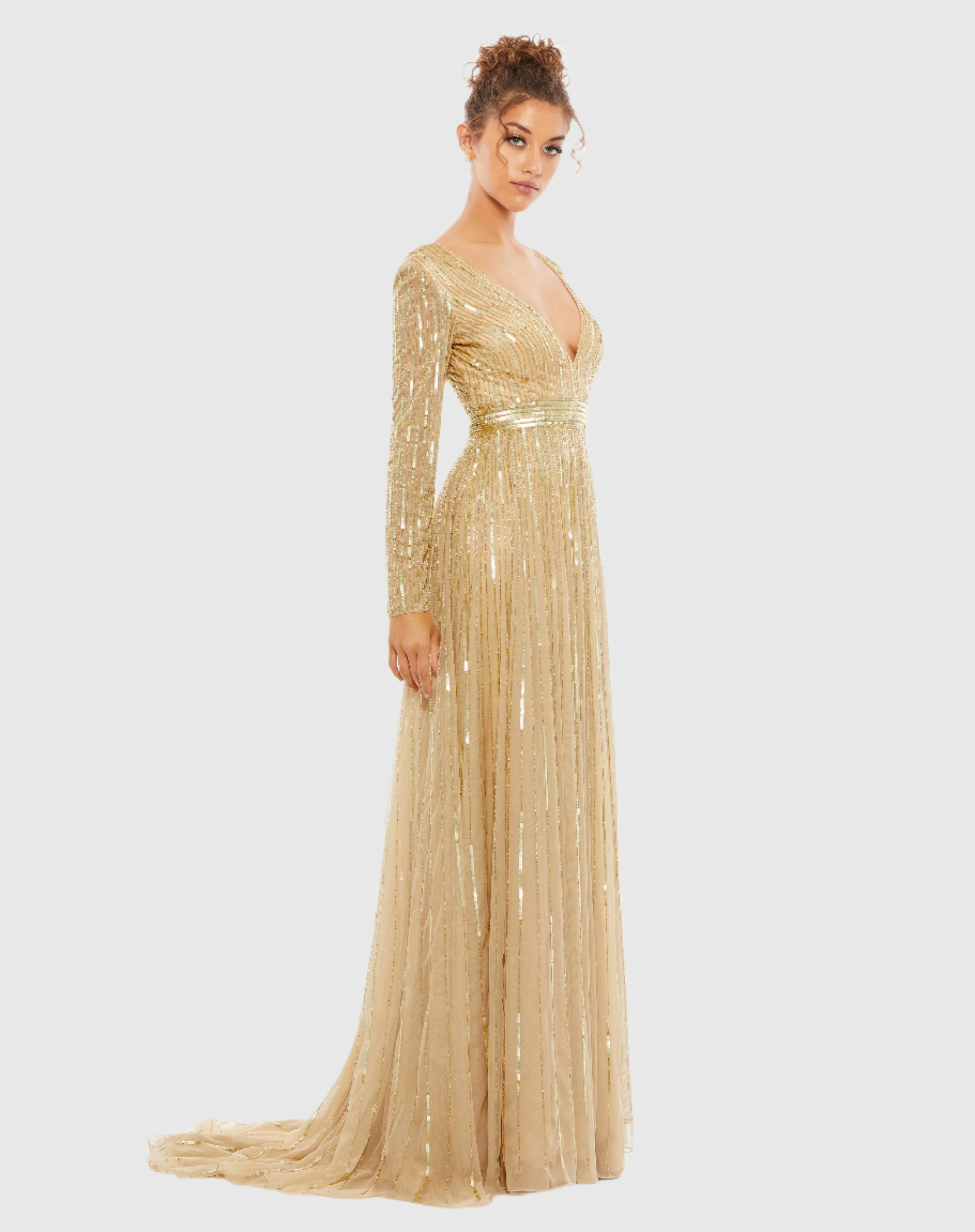 Gold Sequined V Neck Illusion Sleeve A Line Gown - Image 3