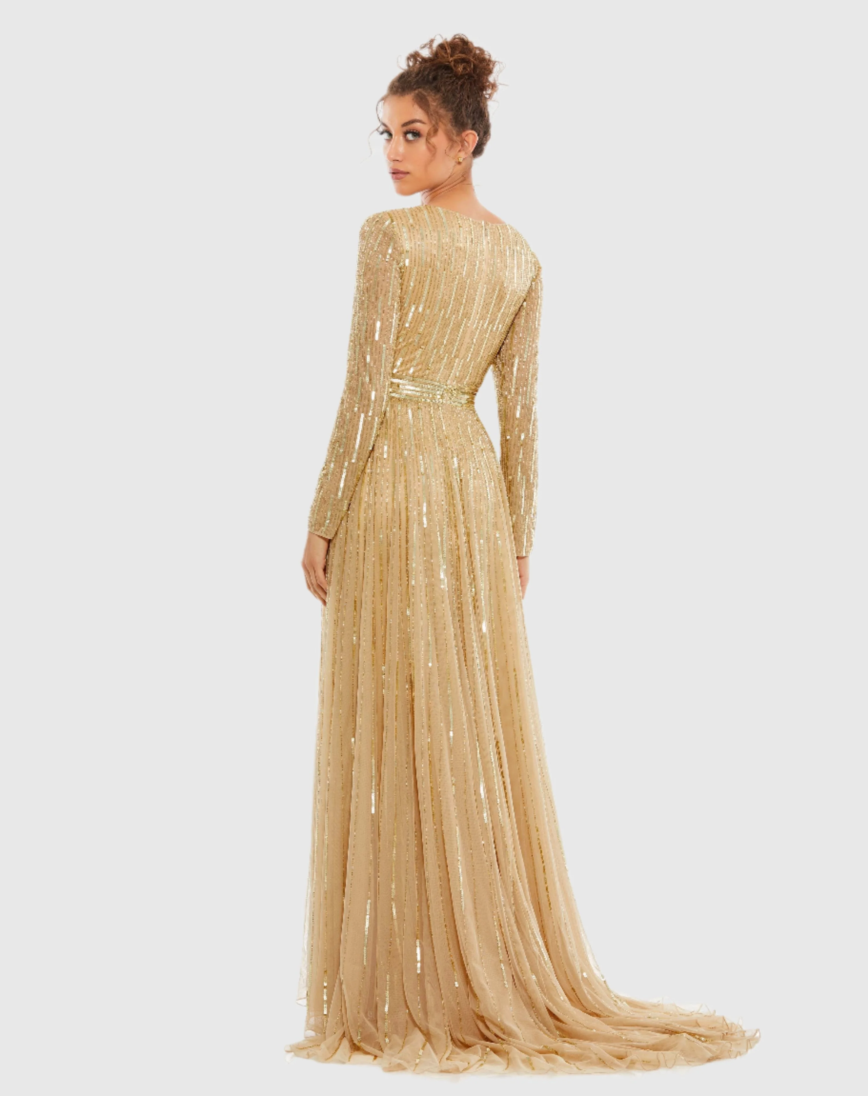 Gold Sequined V Neck Illusion Sleeve A Line Gown - Image 4