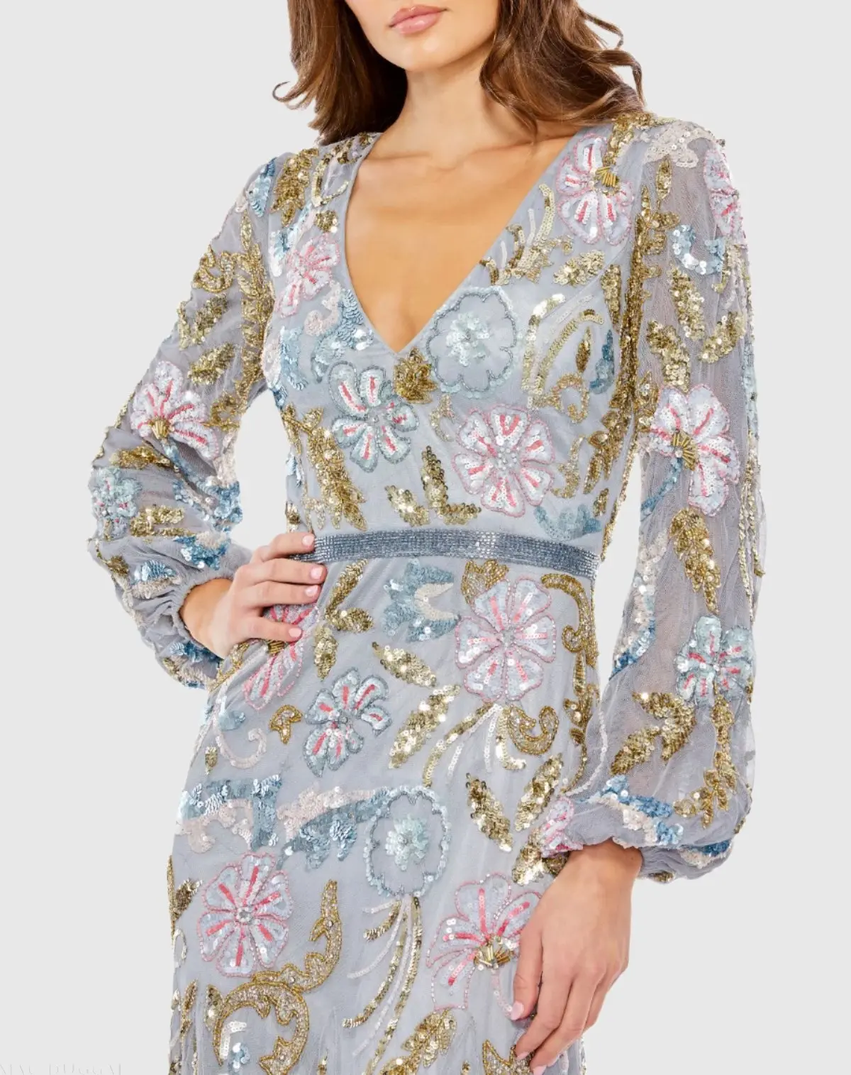 Gray Long Cuff Sleeve Embellished Midi Dress - Image 2