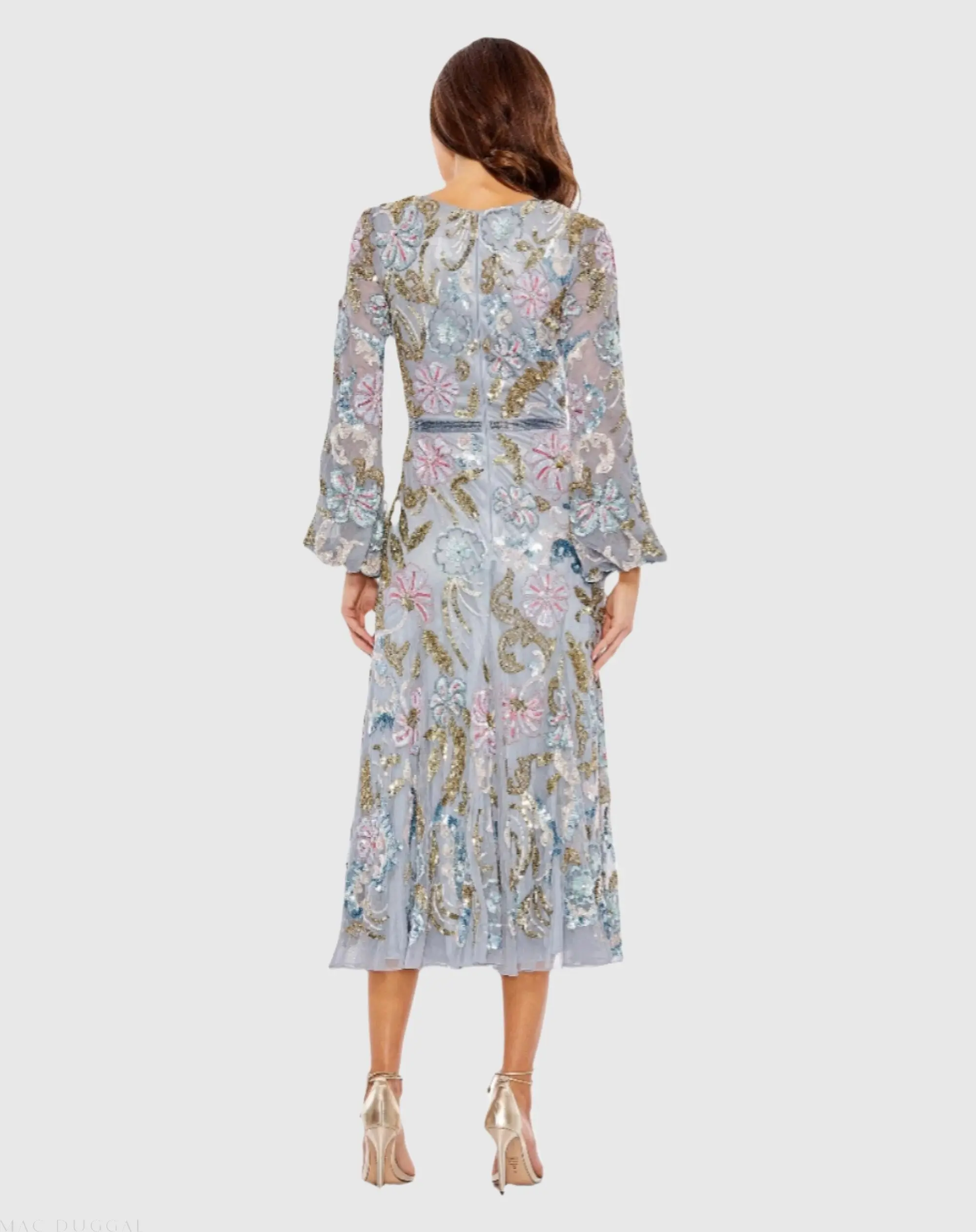 Gray Long Cuff Sleeve Embellished Midi Dress - Image 3