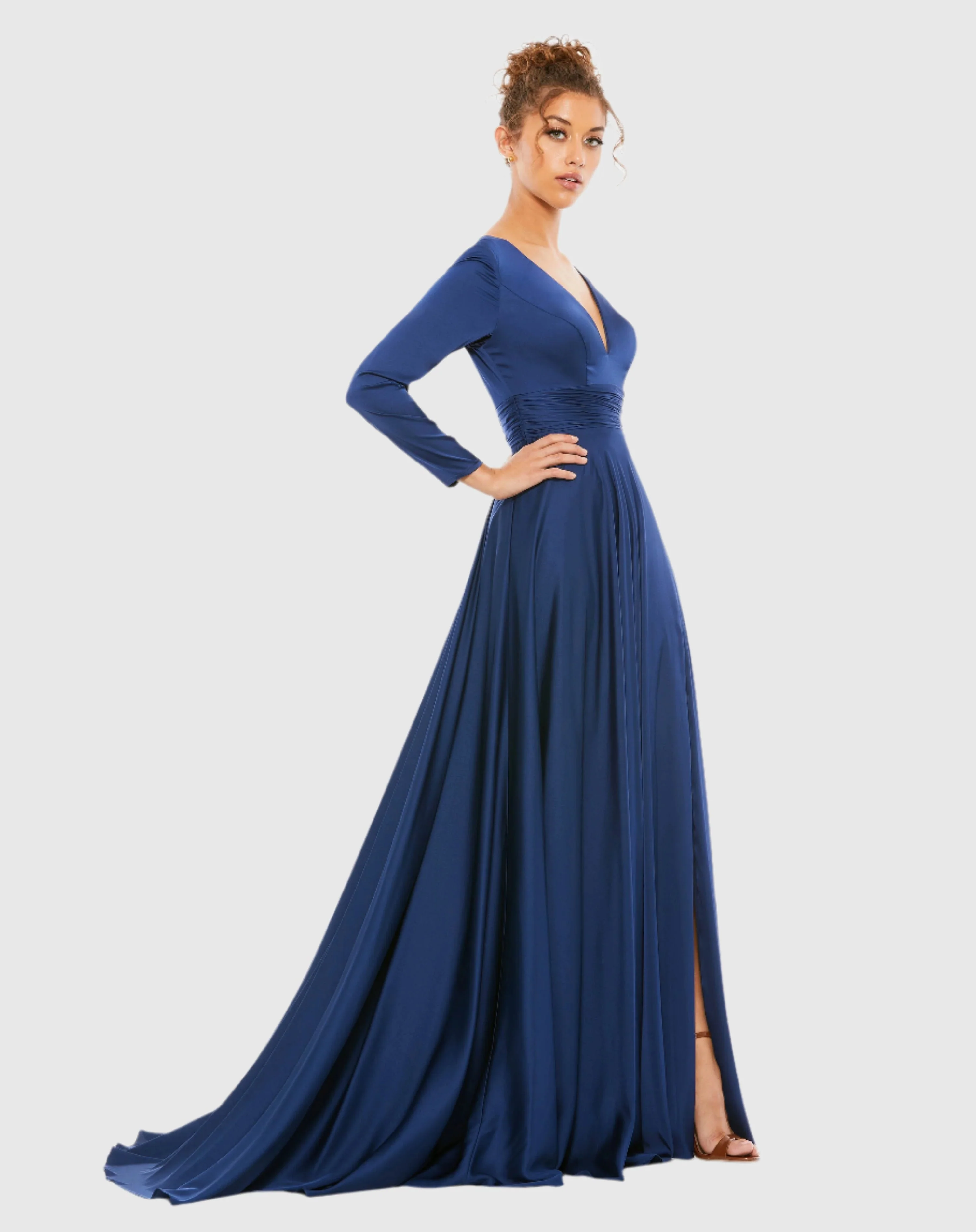 Navy Long Sleeve Ruched Waist A-Line Gown - Image 3