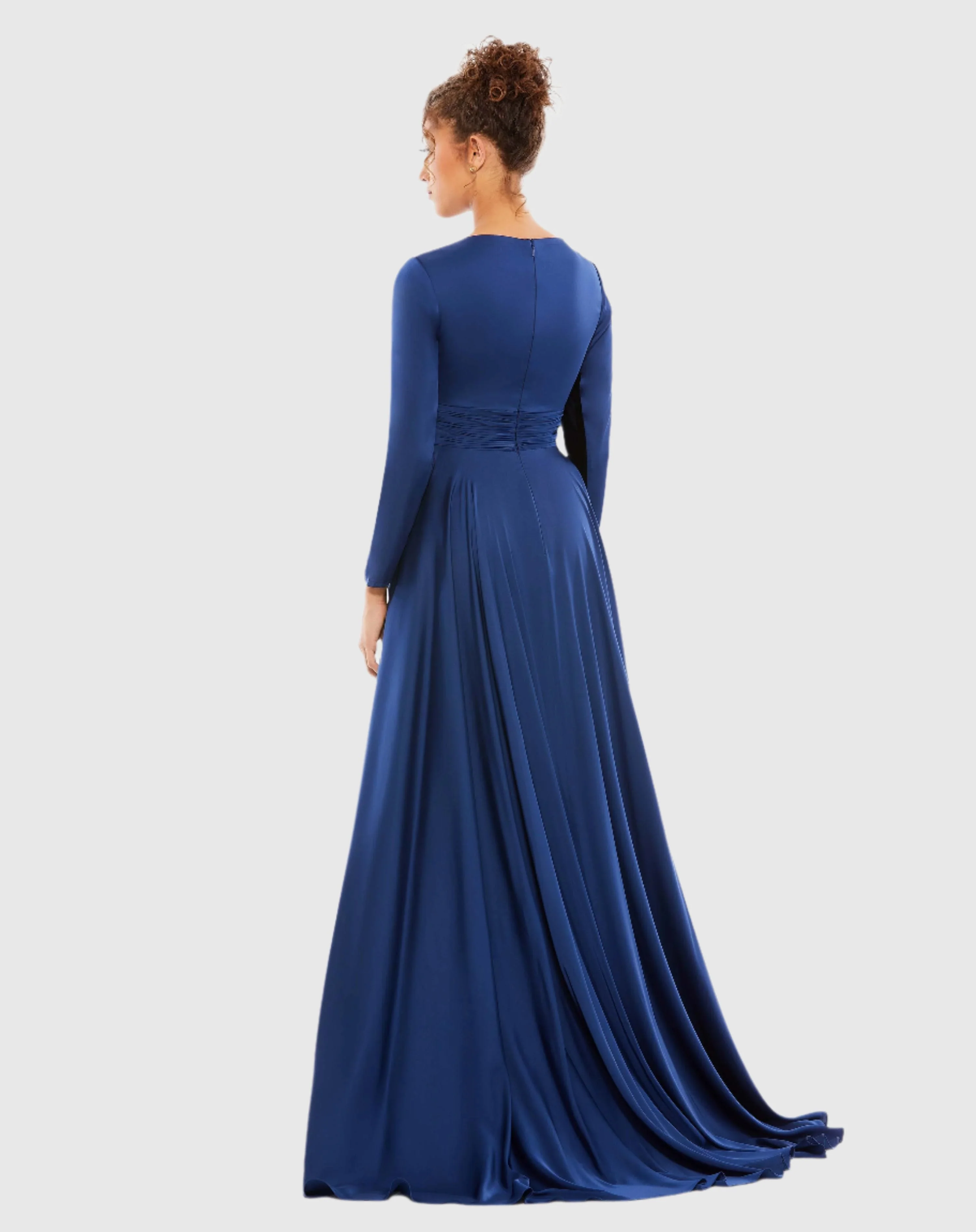 Navy Long Sleeve Ruched Waist A-Line Gown - Image 4
