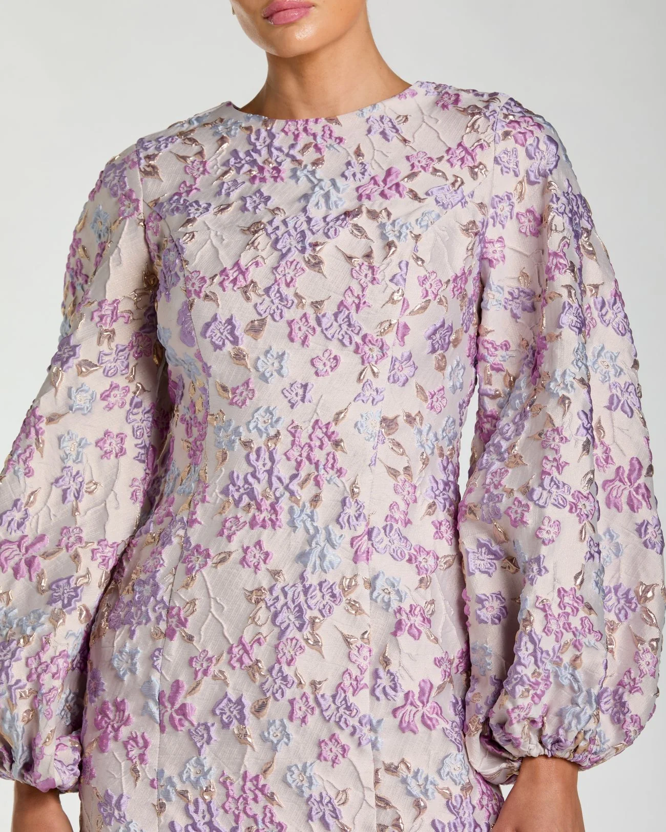 Purple Floral Brocade Balloon Sleeve Mini Dress - Image 2