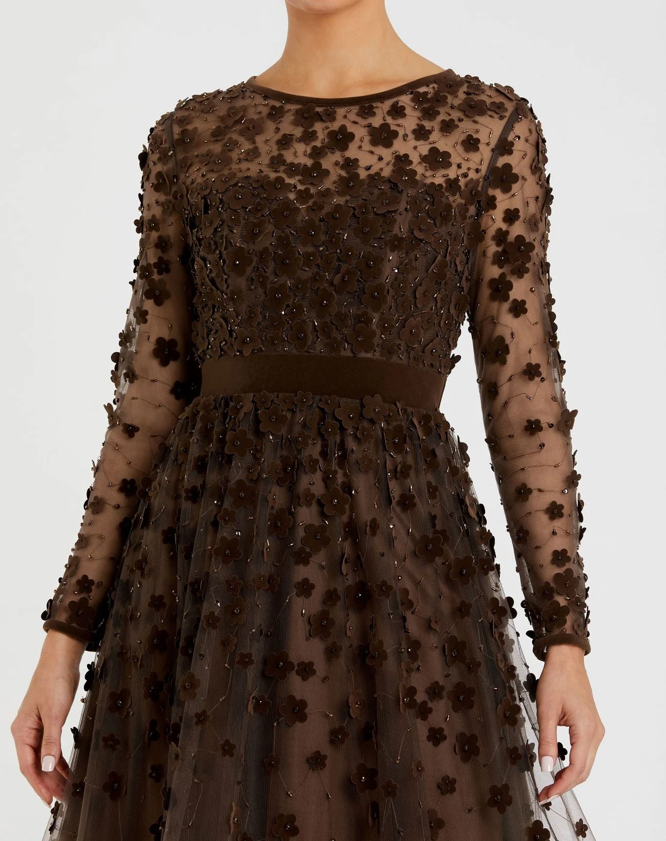 Brown Embellished Long Sleeve Velvet Trim A-Line Midi Dress - Image 3