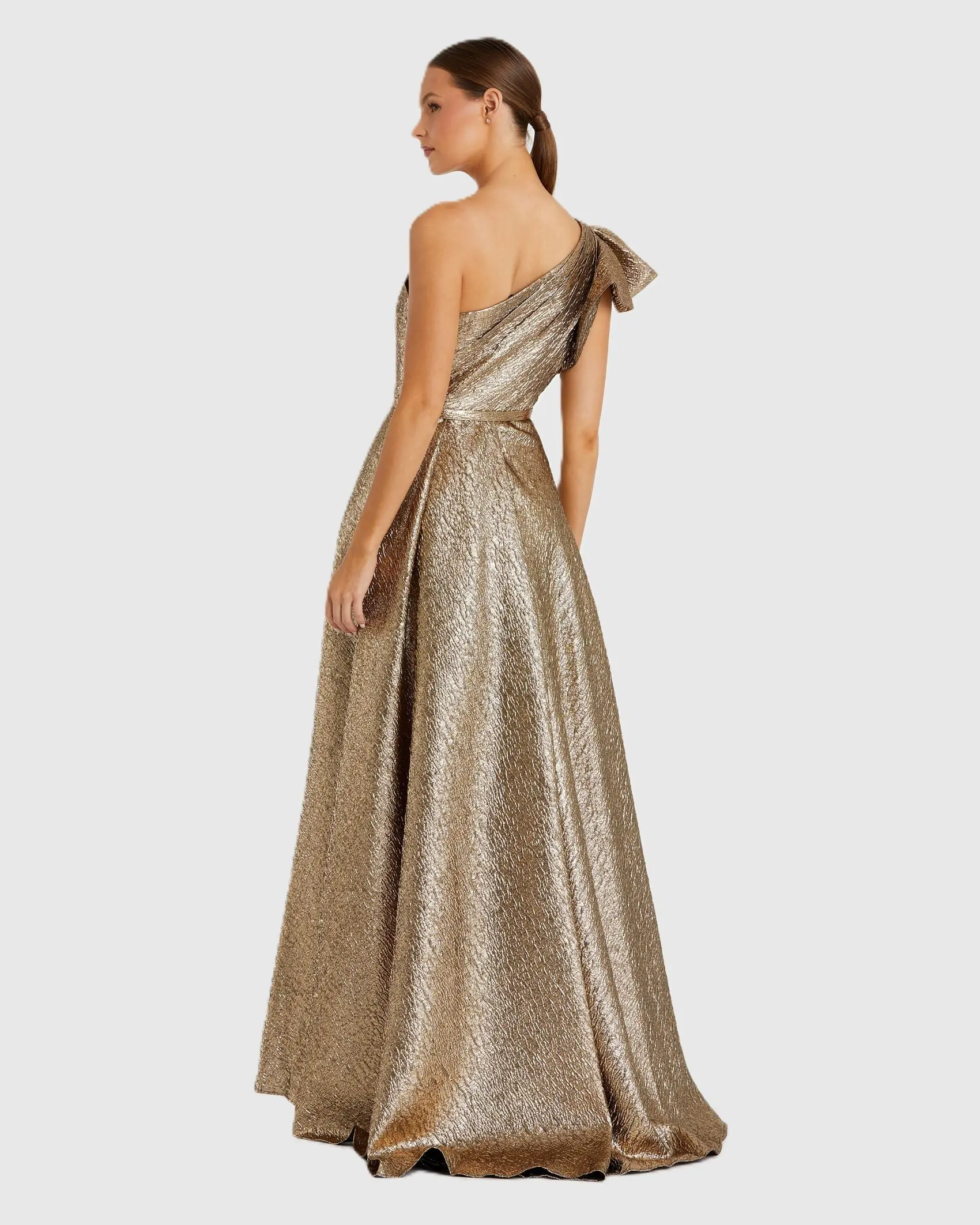 Gold One Shoulder Metallic Ball Gown - Image 3