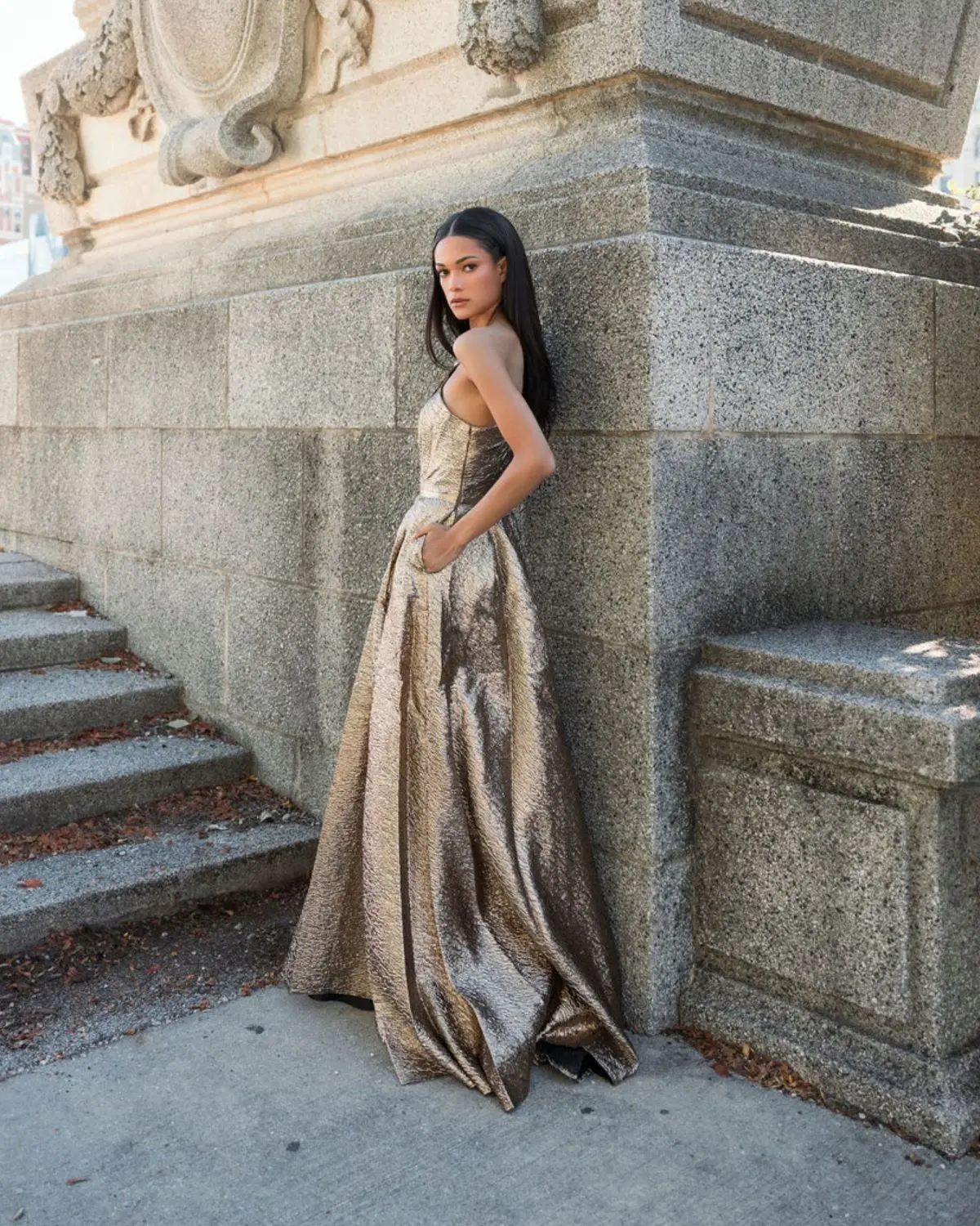 Gold One Shoulder Metallic Ball Gown - Image 5