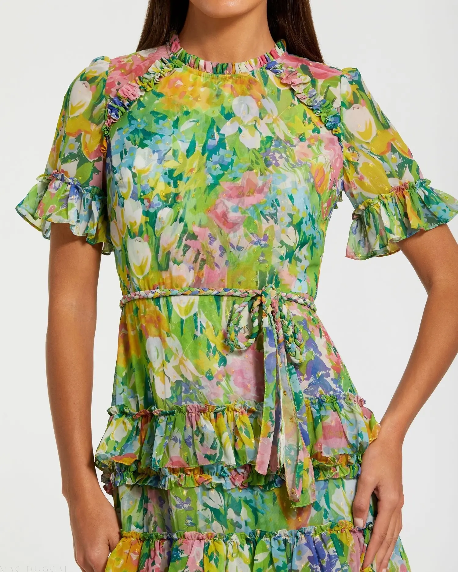Green Ruffle Tiered Chiffon Floral Dress - Image 2