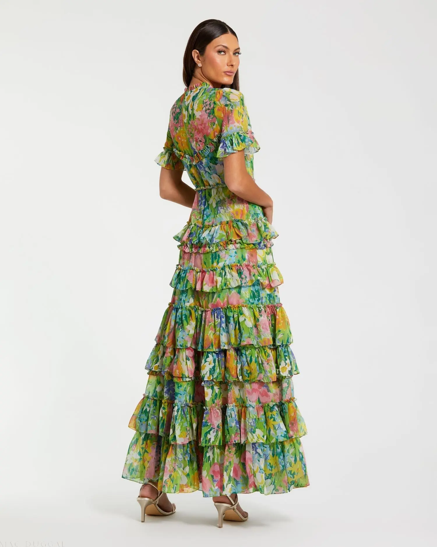 Green Ruffle Tiered Chiffon Floral Dress - Image 3