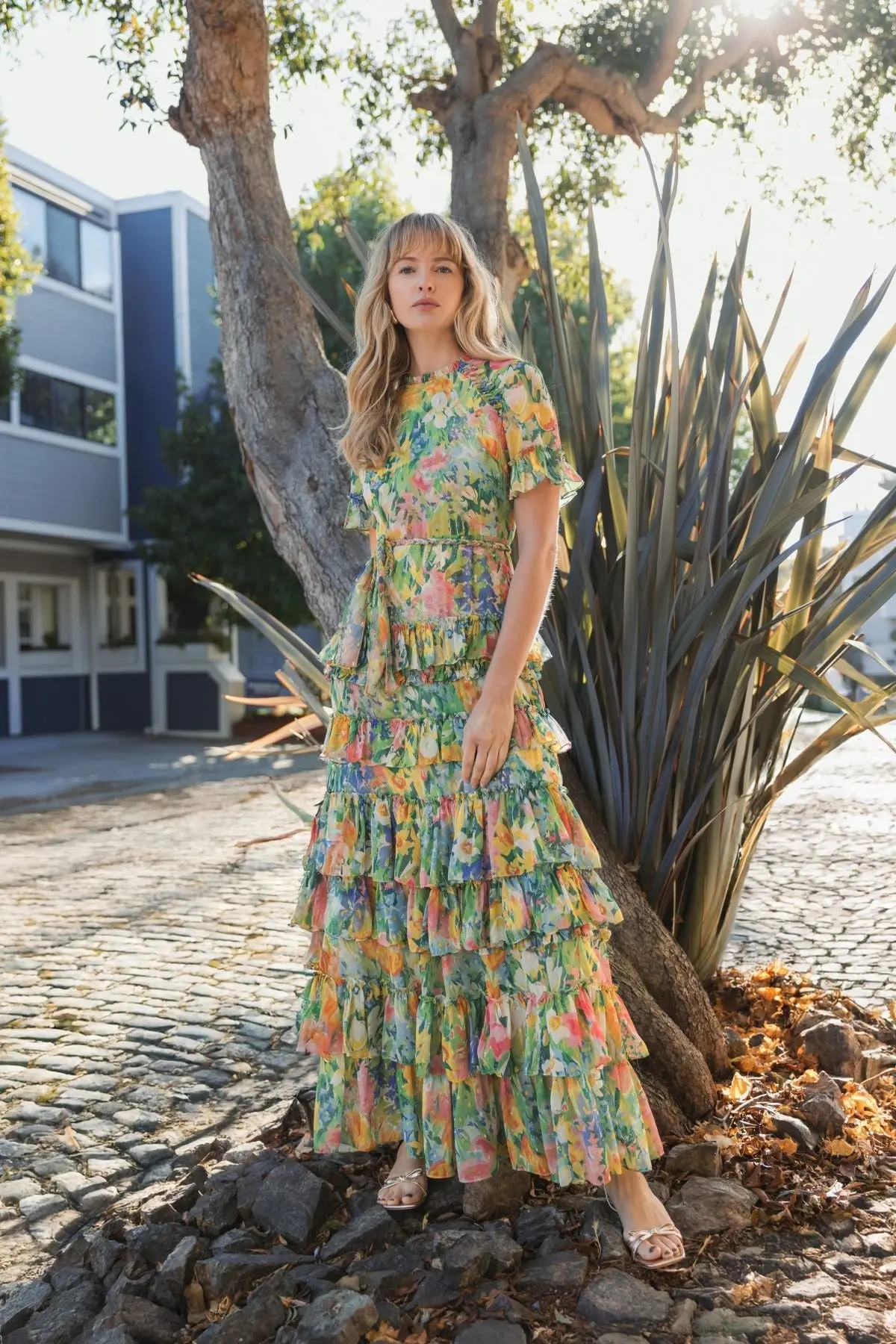 Green Ruffle Tiered Chiffon Floral Dress - Image 4