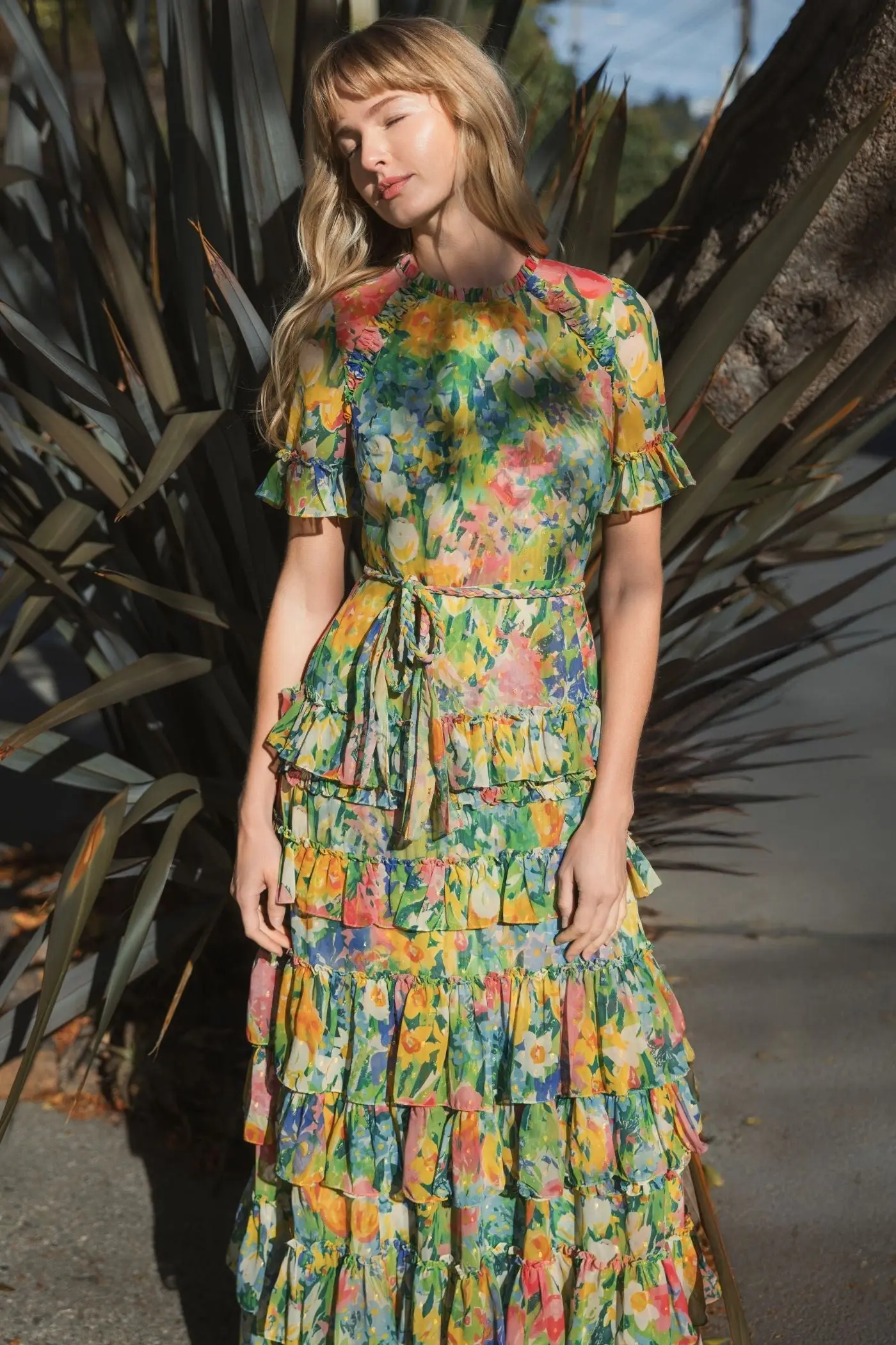Green Ruffle Tiered Chiffon Floral Dress - Image 6